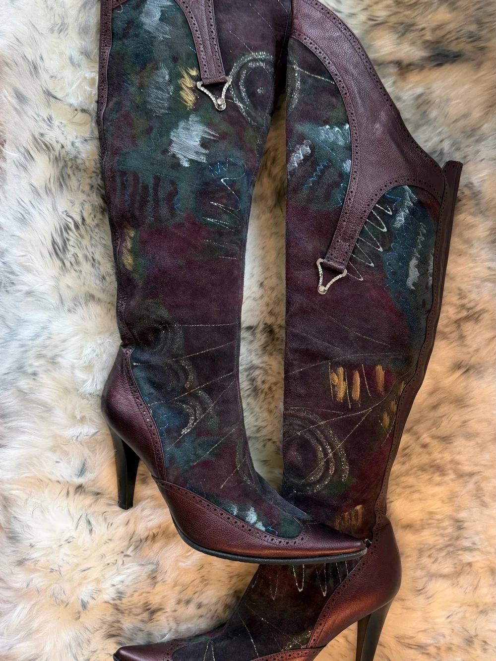 Bellofatto Women's Burgundy Multicolor Knee-High Pointed Toe Boots